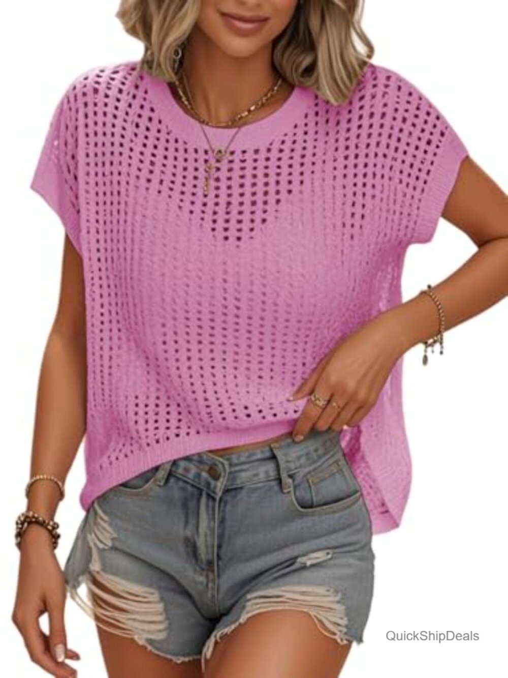 Womens Crochet Tank Top Cap Sleeve Hollow Out Pullover Sweater Vest